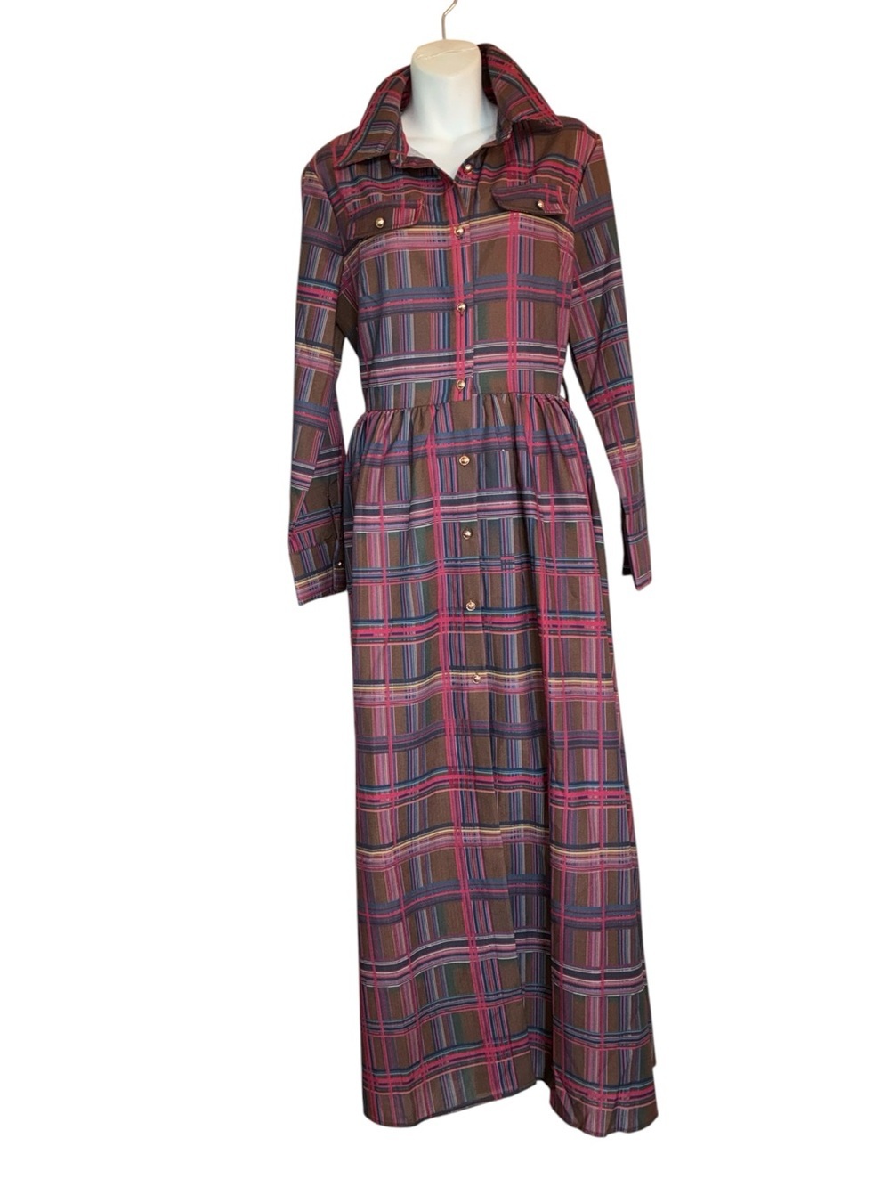 oyrosy ShirtDress women's L Plaid brown and Red gold domed buttons Nwt